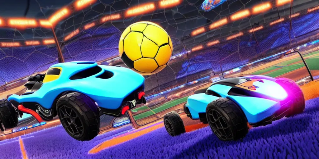 Image similar to rocket league, car soccer, boom, goal, demo, explosion, action shot, lens flares, rim light, raytracing, glow, haze, hyper - realistic, micro details, octane render, unreal engine, cinematic shot