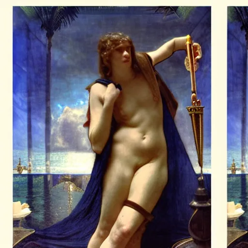 Image similar to Justice with a blood dripping chalice at the palace, thunderstorm, pool, beach and palm trees on the background major arcana sky, by paul delaroche, alphonse mucha and arnold böcklin arnold böcklin hyperrealistic 8k, very detailed