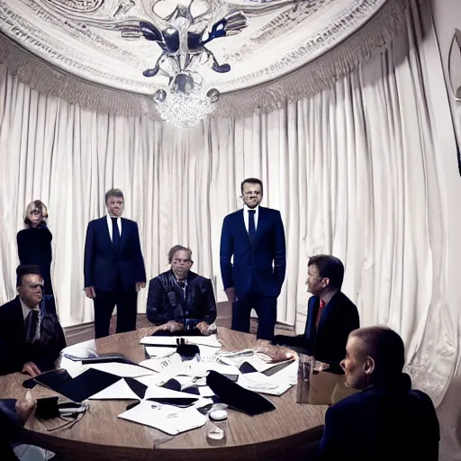 Prompt: A reptilian conspiracy meeting led by Emmanuel Macron, cult, meeting, illuminati, photography, studio portrait, volumetric lighting, nikon, canon, f3.2, 14mm, wide angle