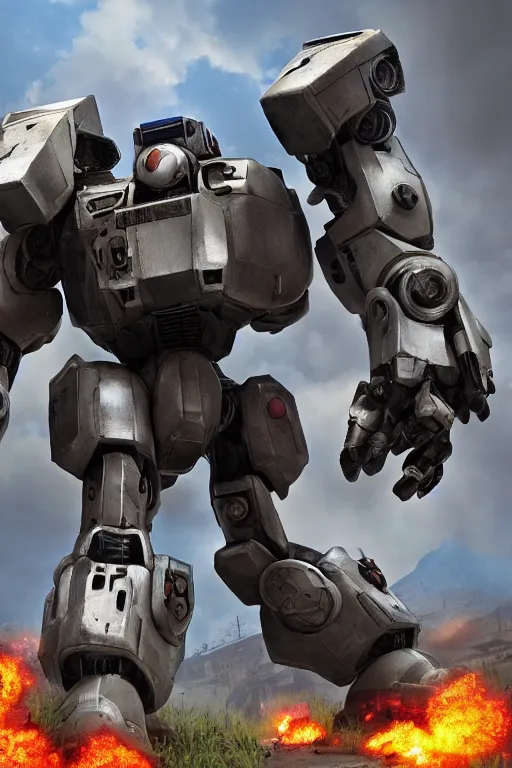 Image similar to mechwarrior 5 : mercenaries mech megaman transformer robot boss tank engine game octane render, 4 k, hd 2 0 2 2 3 d cgi rtx hdr style chrome reflexion glow fanart, global illumination ray tracing hdr fanart arstation by sung choi and eric pfeiffer and gabriel garza and casper konefal pixar and disney unreal zbrush central hardmesh