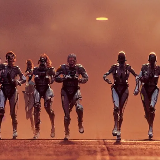 Prompt: Alien, Ripley, LeeLoo, Starship Troopers, Sprinters in a race with a clear winner, The Olympics footage, intense moment, cinematic stillframe, shot by Roger Deakins, The fifth element, vintage robotics, formula 1, starring Geena Davis, sports photography, clean lighting