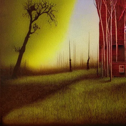 Image similar to Painting in a style of Beksinski of a colorful and detailed wooden house in the forest near the lake