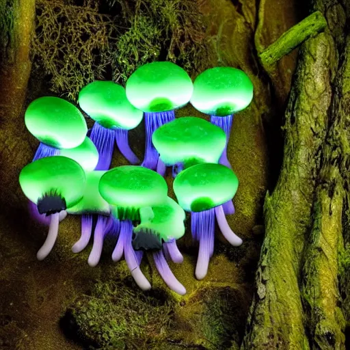 Image similar to bioluminescent jello mushrooms growing in the forest