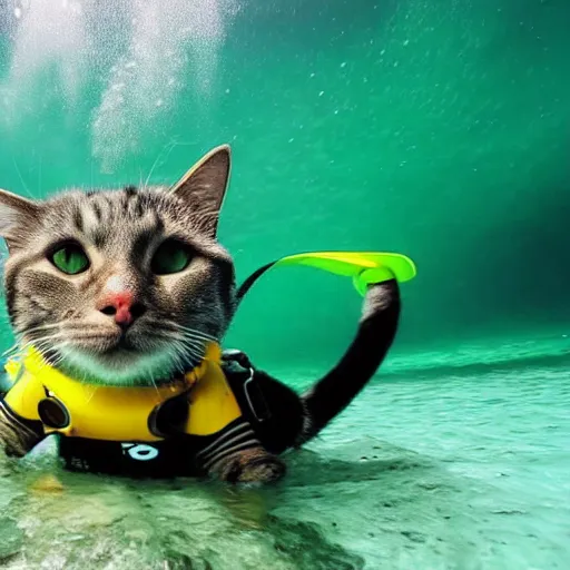 Image similar to cat wearing diving gear swimming in ocean, gopro footage 4k