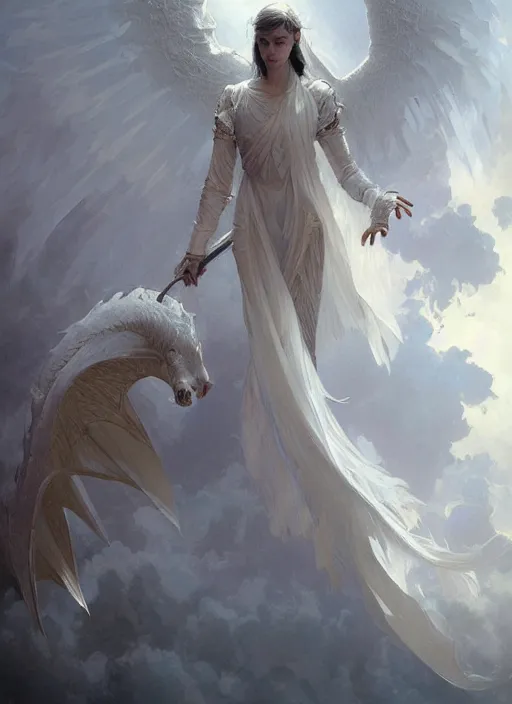 Image similar to an angelic white dragon, highly detailed, digital painting, artstation, concept art, sharp focus, illustration, art by greg rutkowski and alphonse mucha