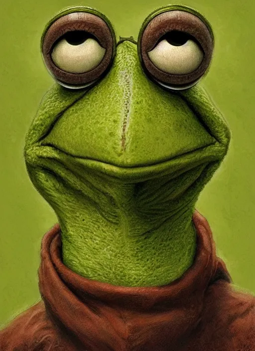 Image similar to portrait of Kermit the frog in Antichrist (2009), highly detailed, centered, solid color background, digital painting, artstation, concept art, smooth, sharp focus, illustration, artgerm, donato giancola, Joseph Christian Leyendecker, Les Edwards, Ed Repka, WLOP, Artgerm