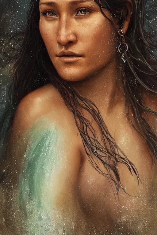 Image similar to a beautiful portrait of q'orianka kilcher as a mermaid in a river of the amazon, hyper realistic face, beautiful eyes, fantasy art, in the style of greg rutkowski, intricate, hyper detailed, smooth