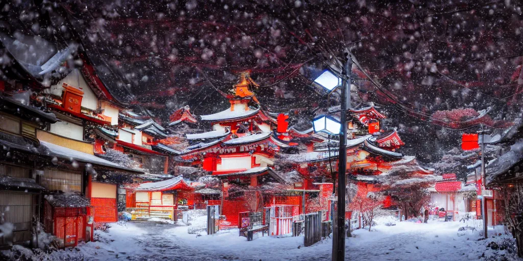 Prompt: a Japanese cyberpunk shrine, snowing, photograph,sharp focus, intricate detail, high resolution, 8k, neon streetlights, wires hanging down everywhere, Japan, colourful,,