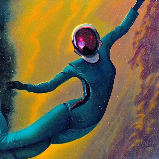 Image similar to woman in flight suit plunging into an abyss, bubbles, currents, dyson sphere, wet reflections, prism, atmospheric, ambient, pj crook, syd mead, livia prima, artgerm, greg rutkowski, nick alm, casey baugh