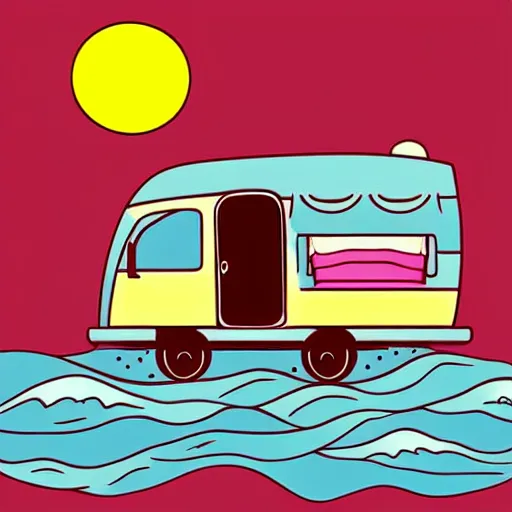 Prompt: beautiful cute cozy very little rv by the water, sunset, puffy cute clouds, cute simple cartoon, vector, white background, watercolor, 4 colors!!!