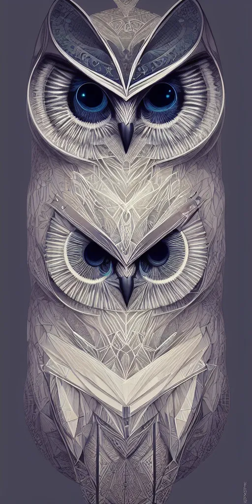 Image similar to portrait of a geometric owl, identical eyes, medium shot, illustration, full body made of white feathers, symmetrical, art stand, super detailed, cinematic lighting, and its detailed and intricate, gorgeous, by peter mohrbacher