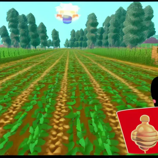 Image similar to a small vintage farm on fire in a corn field in the style of Mario 64, gameplay footage