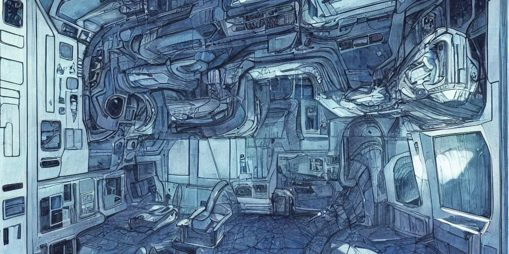 Prompt: the hibernate containerare neatly arranged on the wall, inside the spacecraft ， future style, dark, h. r. giger, blue color scheme, concept art