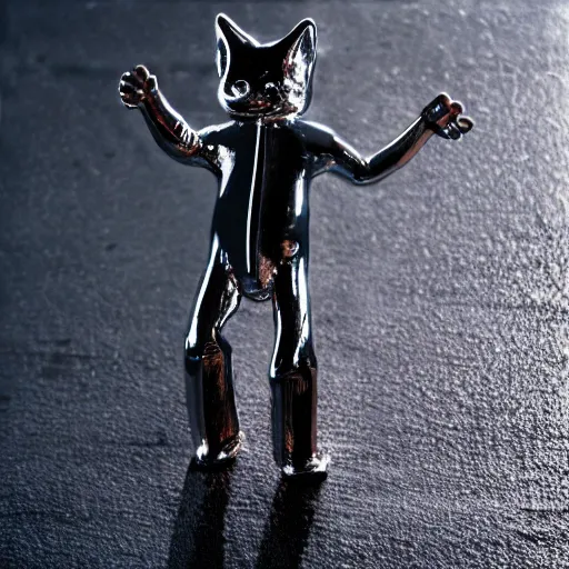 Image similar to a t - 1 0 0 0 cat made of liquid metal walking in the streets of new york city and frightening all the people around, volumetric lighting, sharp focus, ultra detailed, cgsociety - w 1 0 2 4 - n 8 - i