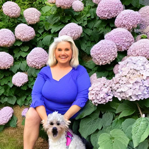 Image similar to 6 0 year old curvy blonde woman, welcoming grin, surrounded by hydrangeas, with a small white happy dog at her side, portrait, headshot, detailed, high quality