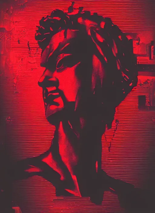 Image similar to dark design poster showing a close up of a statue of achilles, black background with very subtle red and purple design elements, powerful, nekro, vito acconci, thin straight lines, dark, glitch art, neo vaporwave, gritty, layout frame, square, extremly detailed, trending on artstation