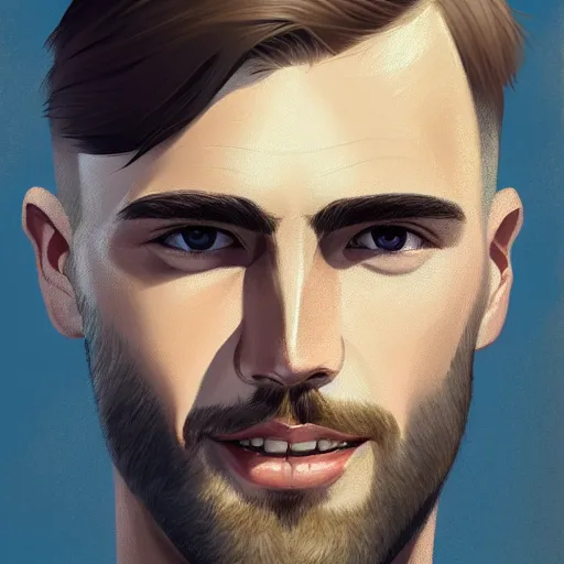 Image similar to tall chunky man in his twenties with brown blond short regular haircut and round facial structure with cleft chin, straight eyebrows, big grey blue eyes, grinning, cheekbones, straight nose, wider face, shadow of beard, atmospheric lighting, painted, intricate, 4 k, highly detailed by charlie bowater