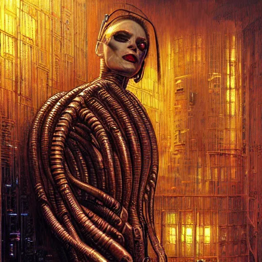 Image similar to cyberpunk cenobite, atmospheric lighting, painted, intricate, golden hour, ultra detailed by peter gric, giger, enki bilal