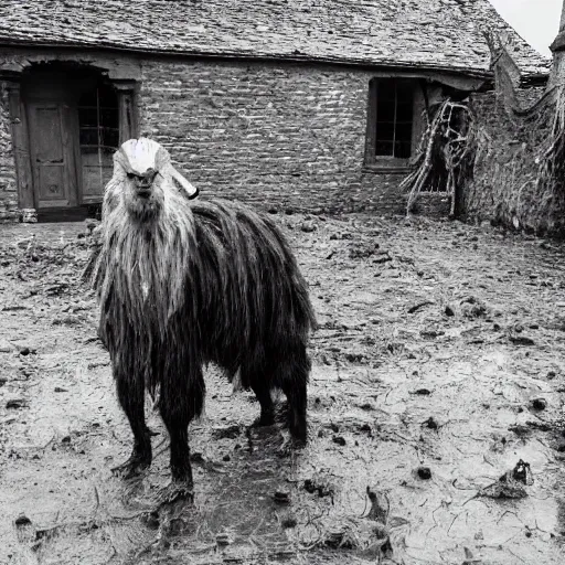 Prompt: horror, moody, still from film, daytime, muddy village square, wide shot, huge, roaring mutant goat monster, powerful, creeping along on ugly stumpy legs, filthy jagged teeth in unnaturally large mouth, matted dirty fur, in muddy medieval village square