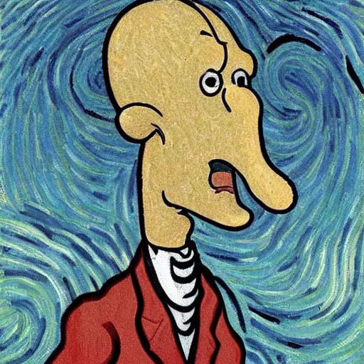 Image similar to handsome squidward portrait, van gogh art style, strong chin, big mouth