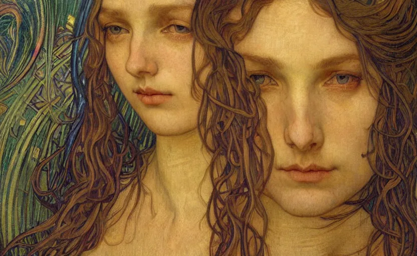 Image similar to detailed realistic beautiful young medieval queen face portrait by jean delville, alphonse mucha, vincent van gogh, and marco mazzoni, art nouveau, symbolist, visionary, gothic, pre - raphaelite