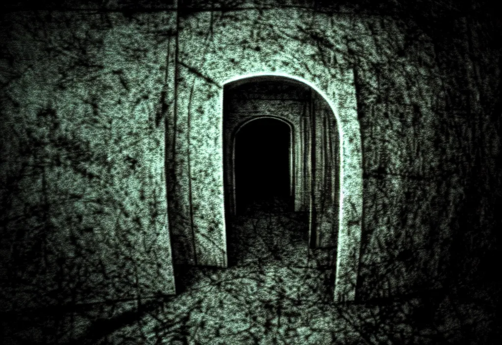 Image similar to a film still of a mysterious portal into a horrifying universe, scifi, horror, photo, nightmare, found footage, film grain, creepy