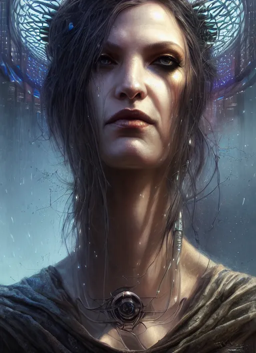 Image similar to closeup portrait shot of a cyberpunk witch in a scenic dystopian environment, intricate, elegant, highly detailed, centered, digital painting, artstation, concept art, smooth, sharp focus, illustration, artgerm, tomasz alen kopera, peter mohrbacher, donato giancola, joseph christian leyendecker, wlop, boris vallejo