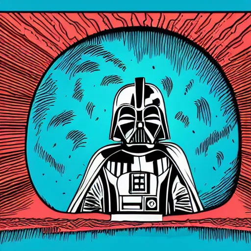 Prompt: pop - wonder - nft alien - meat half - tone - art of a darth - vader - mandolorian wading through the goopy - muck and slithering about the castle side delights on a melted cheesy day in a hand - drawn vector, svg, cult - classic - comic - style