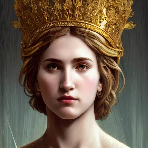 Image similar to portrait of Ex Machina as a greek goddess, marble statue, greek mythology, gold crown and filaments, intricate, headshot, highly detailed, digital painting, artstation, concept art, sharp focus, cinematic lighting, illustration, art by artgerm and greg rutkowski, alphonse mucha, cgsociety