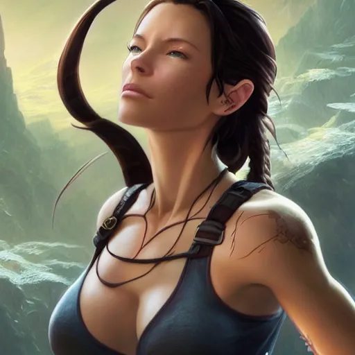 Image similar to evangeline lilly as a beautiful anime character, lara croft, detailed, centered, digital painting, artstation, concept art, donato giancola, joseph christian leyendecker, wlop, boris vallejo, breathtaking, 8 k resolution, extremely detailed, beautiful, establishing shot, artistic, hyperrealistic, beautiful face, octane render, cinematic lighting, dramatic lighting, masterpiece