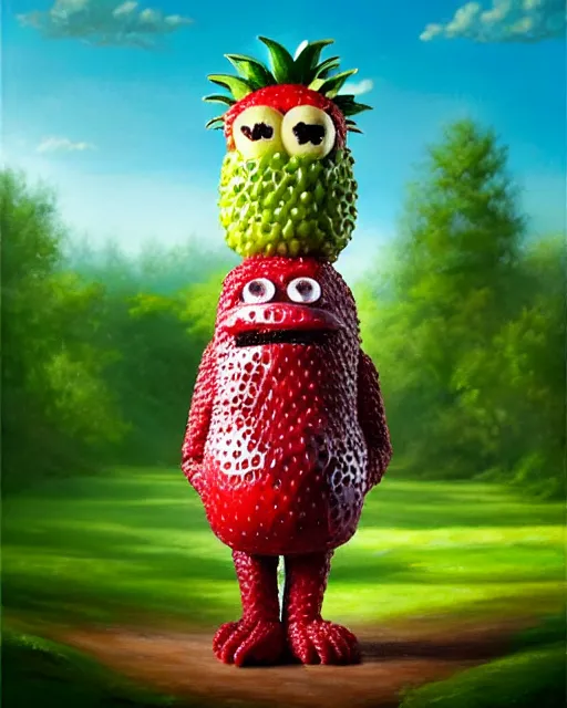 Image similar to a fruit figurine monster made of different fruit, 3 4 5 3 1, walking around in a forest, staring wide open eyes, open mouth, very detailed eyes, trees in the background, sunlight, oil painting, highly detailed, dramatic lighting, hyperrealistic, 8 k, smooth, intricate, artstation, cgsociety, by artgerm, by wlop