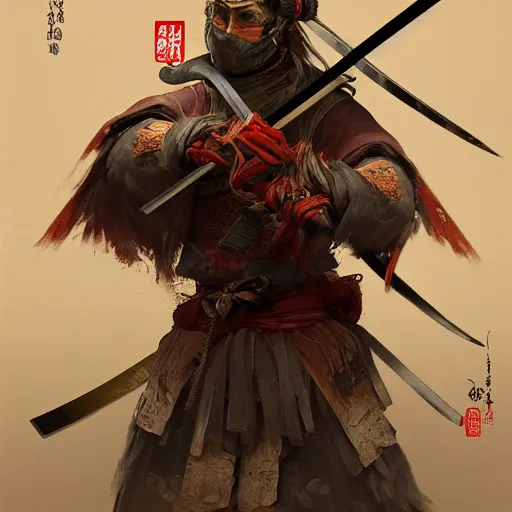 Image similar to Portrait of Sickly diseased dying Samurai warrior wielding a katana, by Feng Zhu, highly detailed, excellent composition, cinematic concept art, dramatic lighting, trending on ArtStation