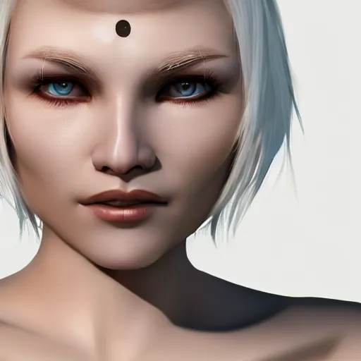 Prompt: portrait of a female human with white skin, white hair, white eyes without pupils, slightly - pointed ears, short wavy hair, eyebrow scar, trending on artstation, ethereal, gentle smile, friendly, glowing, angled