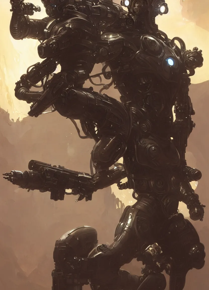 Image similar to cyborg alien bounty hunter with breathing apparatus holds gun pointing up, intricate, elegant, highly detailed, digital painting, artstation, concept art, matte, sharp focus, illustration, art by artgerm and greg rutkowski and alphonse mucha