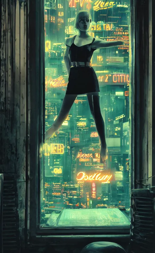 Image similar to vertical movie frame portrait of girl in 5 0's retro restaurant interior, neon - decorated urban on night in the city seen through the window, modern interior design, architectural design, vintage, night blade runner, dark, postapocalyptic, 4 k, octane, asian futuristic city at distance, big windows, octane, wide angle