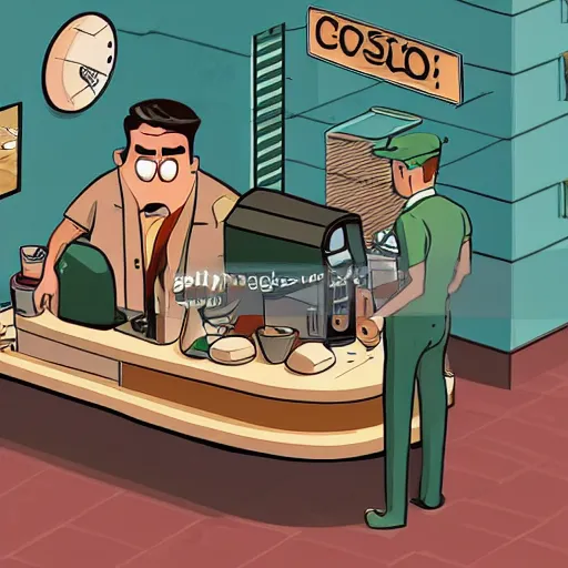 Image similar to close up of barista at customers table : cafe serves cannabis cookie for the first time in australia, isometric illustration fun, render in pixar, by darwyn cooke. meme cartoon