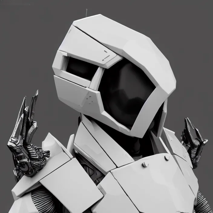 Prompt: a portrait of a character in an spaceship by nihei tsutomu, front facing the camera, black and white, modern clean white armor, highly detailed, 3 d render, vray, octane, realistic lighting