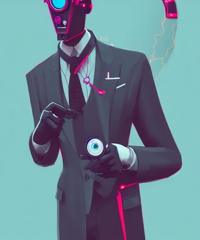 Image similar to a portrait of an anthropomorphic surveillance camera wearing a suit, pointing at the camera, cyberpunk!, fantasy, elegant, digital painting, artstation, concept art, matte, sharp focus, illustration, art by josan gonzalez