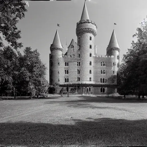 Image similar to an award winning photo by william christenberry of a majestic, highly detailed beautiful very tall castle in the middle of an empty city, light rays, rayleigh scattering