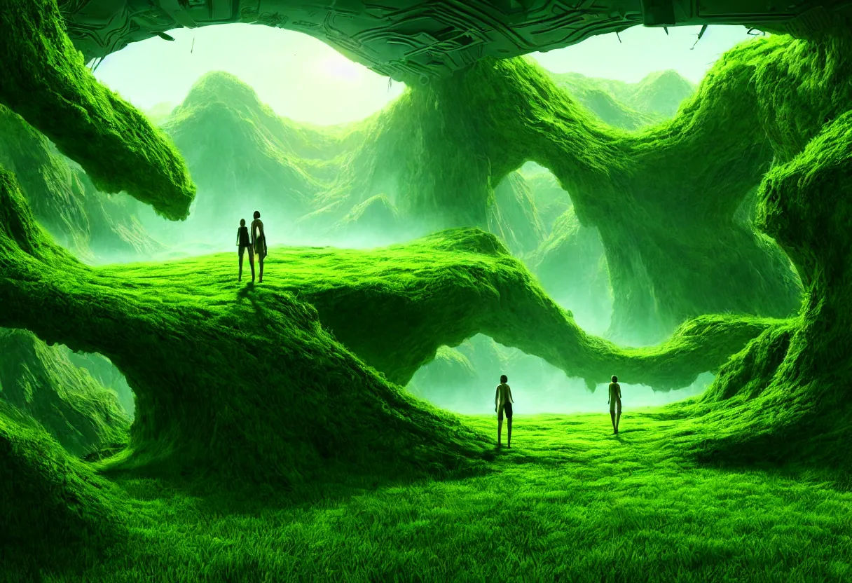 Image similar to inside of alien lush summer green landscape of human mind and imagination, matte painting, beautiful render, octane render, concept art