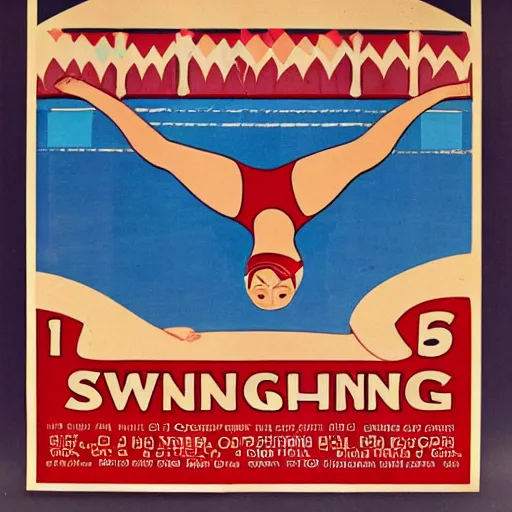 Prompt: year 1 9 2 8 poster for swimming. red and blue