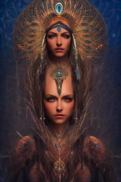 Image similar to a centered render of a single alluring mystical tribal goddess adorned with feathers and gemstones and cables and synthesizer parts is surrounded by sacred geometry made from elven architecture, full body, gorgeous, perfect face, powerful, cinematic, beautifully lit, by artgerm, by karol bak, 3 d, trending on artstation, octane render, 8 k