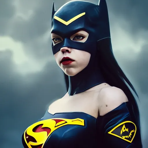 Image similar to a potrait of Anya Taylor as Batgirl with Batman v Superman style suit by Greg Rutkowski, Sung Choi, Mitchell Mohrhauser, Maciej Kuciara, Johnson Ting, Maxim Verehin, Peter Konig, 8k photorealistic, cinematic lighting, HD, high details, dramatic, trending on artstation, full body shot