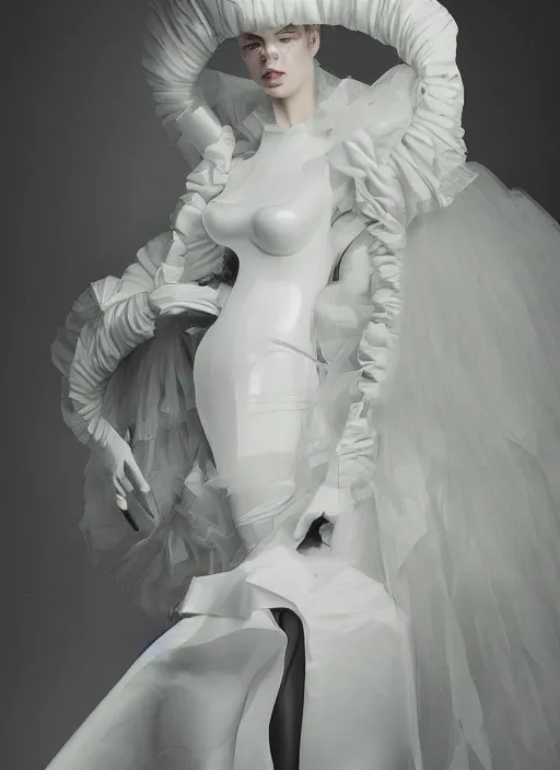 Image similar to an early 0 0's aesthetic digital portrait of a futuristic beautiful russian girl detailed features wearing a latex wedding dress with a puffy skirt designed by balenciaga and issey miyake by ichiro tanida and armin vit