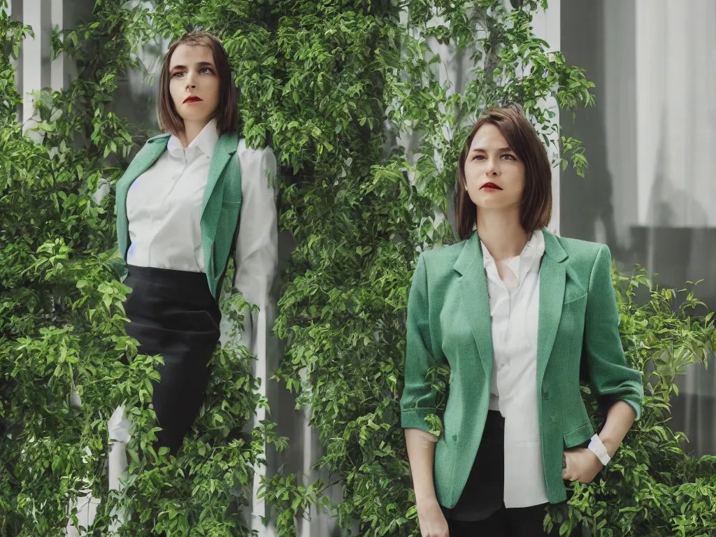 Image similar to woman wonders what could be created, wearing office suit, portrait pose beside window, green foliage in background, bokeh, backlighting, stock photo, modern clothing, 4k, octane render, photorealistic