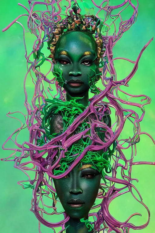 Image similar to epic 3 d osumare, trans african deity, liquid hands and feet spinning, 2 0 mm, with green and pink vines melting smoothly into asymmetrical snakes and rainbows, liquid, delicate, intricate, houdini sidefx, trending on artstation, by jeremy mann and ilya kuvshinov, jamie hewlett and ayami kojima