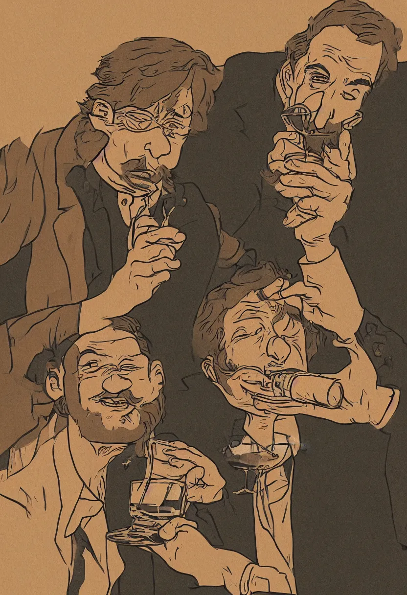 Image similar to a man drinking whiskey on his birthday, highly detailed 2 d illustration in matte colors