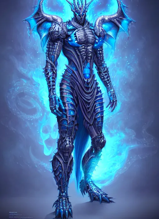 Image similar to muscular and tall blue ghostly fire humanoid dragon!!!! draconian!! intricate ornate iridescent heavy armor!! character concept art, sharp focus, octane render! unreal engine 5! highly rendered!! trending on artstation!! detailed linework!! illustration by artgerm, wlop, and chie yoshii