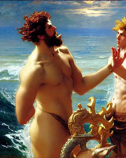 Image similar to attractive god neptune arguing with handsome god poseidon about who rules the oceans, painting by gaston bussiere, craig mullins, j. c. leyendecker,