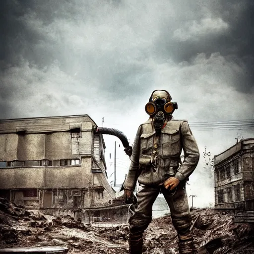 Prompt: Photo realistic render, 8K UHD, gasolinepunk style, forced perspective: ( background = gasolinepunk city, trending on artstation+ background detail = gasolinepunk architecture, high detailed, large depth of field) + (subject= dieselpunk WW1 soilder + subject detail= gas mask, dirty armored suit , muddy ,cool pose, accurate body features, high level body suit, high detailed light refraction , high level texture render)